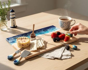 Personalized Hard Maple Charcuterie Set, Ocean Resin Cutting Board with Cheese Knife Set,  Wedding Gift Box, Modern Beach House Gift