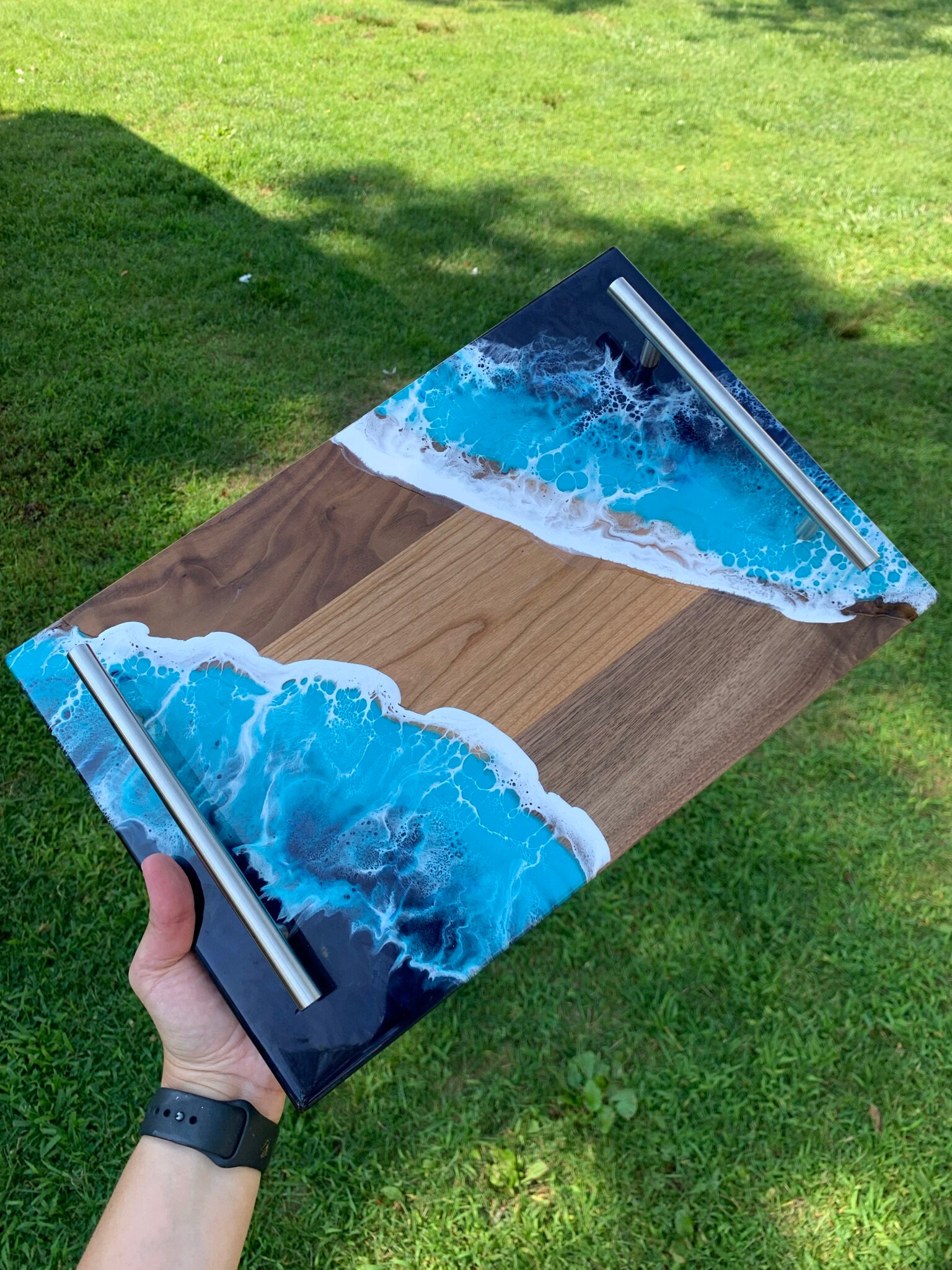Coffee Serving Tray With Steel Handles Handmade Resin Ocean Etsy