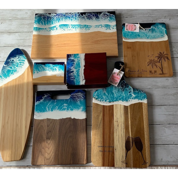 Resin Cutting Board Ocean Epoxy Charcuterie Board Personalized Engagement Gift Couple Wedding Gift Box Set Wood Christmas Gift for Parent