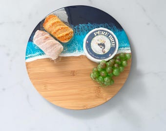 Ocean Resin Lazy Susan  14" Bamboo Serving Tray | Handmade Coastal Charcuterie Board | Housewarming, Wedding & Hostess Gift
