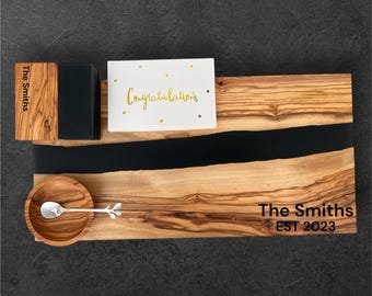 Personalized Resin River Charcuterie Board Gift Set, Gift for Parents, Olive Wood Resin Cheese Board Set, Wood Anniversary Gift, River Board