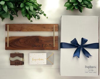 Wedding Tray Set with Personalized Board and  Coasters, Walnut Wood Epoxy River Charcuterie Board with Handles, Newlywed Gift Coordinates