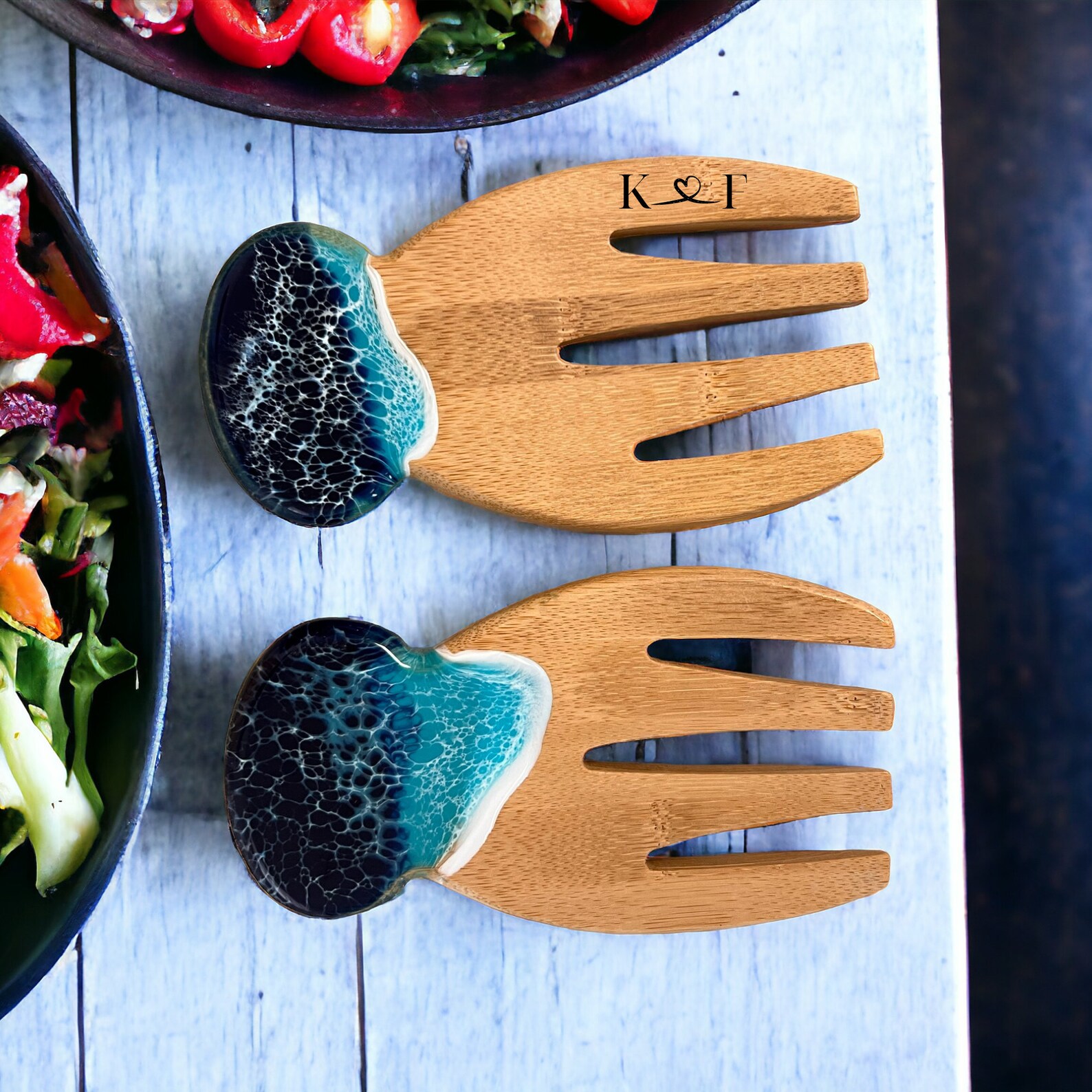 Wooden Salad Tongs, Beach Resin Bamboo Salad Servers, Salad Hands, Salad Tongs, Bamboo Salad Utensils, Resin Salad Serving Fork