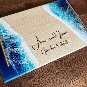 Personalized Ocean Resin Tray with Handle beach wedding serving tray wedding gift box personalized engagement gift engraved cheeseboard image 8