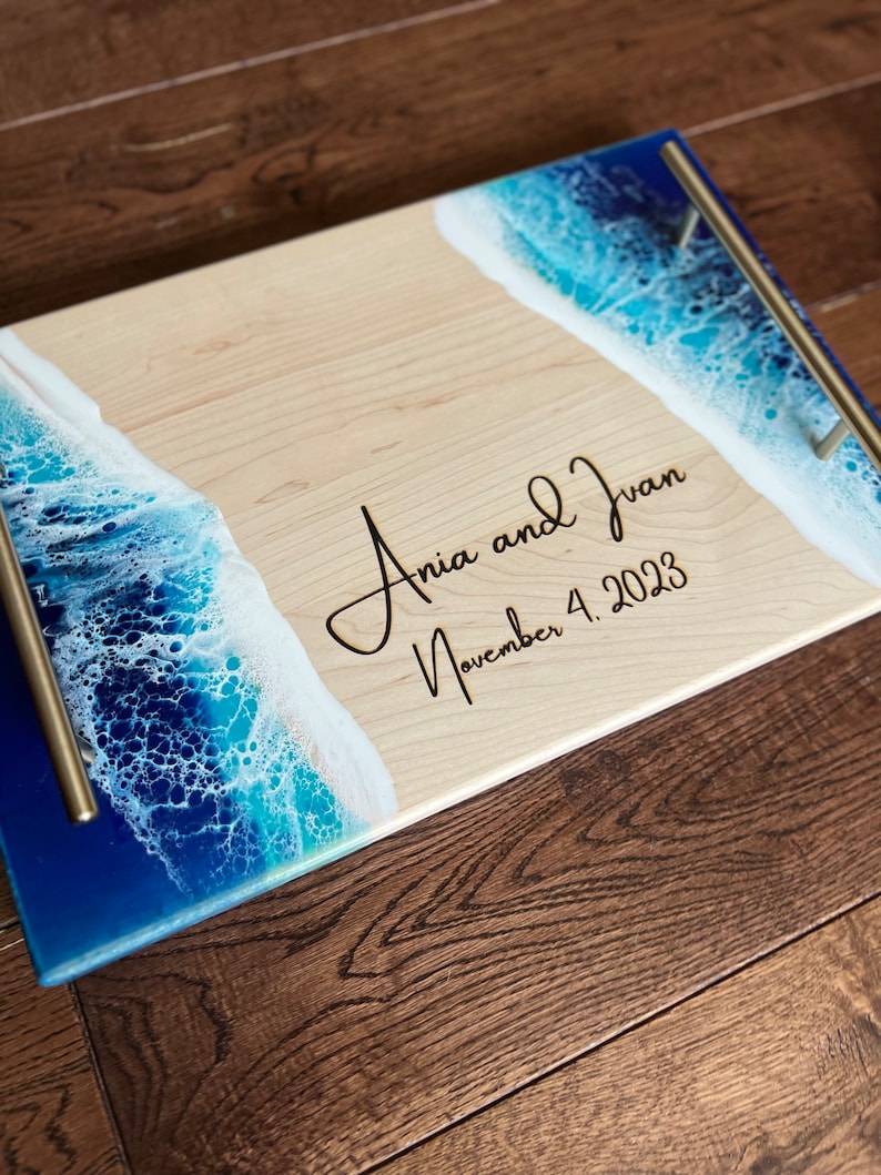 Personalized Ocean Resin Tray with Handle beach wedding serving tray wedding gift box personalized engagement gift engraved cheeseboard image 8