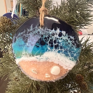 Wooden Live Edge Ornament Handmade Epoxy Resin Christmas Ocean Waves 4-inch Handcrafted Ornament Best for Gifts
