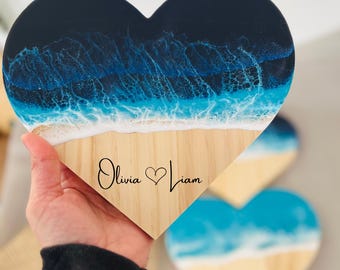 Personalized Resin Wood Ocean Heart – 9” Handmade Coastal Keepsake Ocean Wave Resin Heart Art  Wooden Heart Gift for Beach & Marine Lovers