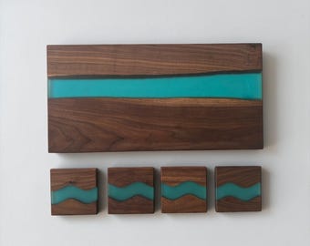 Walnut Resin River Charcuterie Board Gift Set, Modern Cheese Board with Coasters, Wedding or Housewarming Gift
