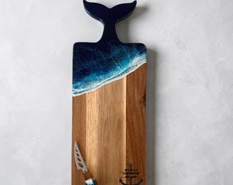 Whale Tail Ocean Wave Resin Cutting Board with Cheese Knife, Personalized Nautical Charcuterie Board, Personalized Beach House Gift Set