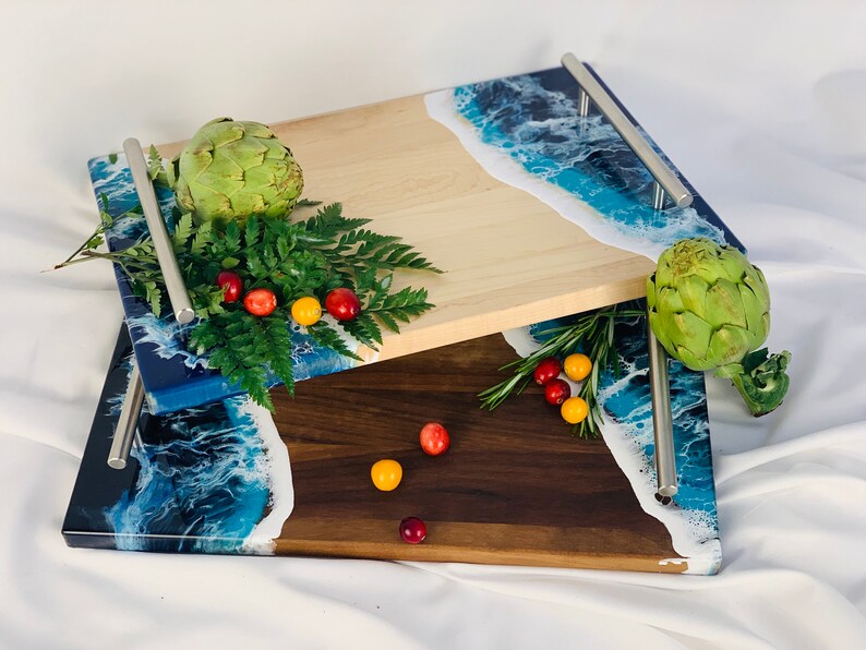 Coffee Serving Tray With Steel Handles Handmade Resin Ocean Etsy