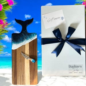 Whale Tail Ocean Wave Resin Cutting Board with Cheese Knife, Personalized Whale Tail Charcuterie Board, Personalized Beach House Gift Set