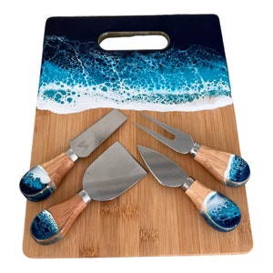Resin Ocean Cheese Board with Utensil Set, Charcuterie Board Cheese Knives Gift Set, Nautical Gift for Beach House, Coastal Kitchen Decor