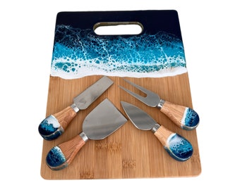 Resin Ocean Cheese Board with Utensil Set, Charcuterie Board Cheese Knives Gift Set, Nautical Gift for Beach House, Coastal Kitchen Decor