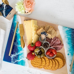 Personalized Ocean Resin Tray with Handles, Wedding Gift For Couple Unique, Handmade Ocean Resin Serving Tray, Personalized Engagement Gift