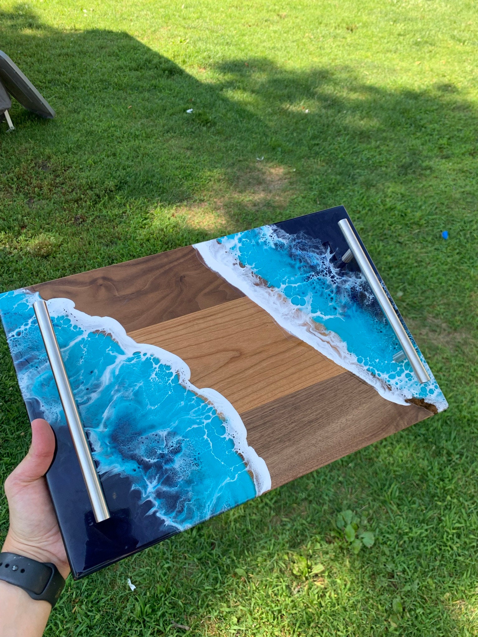 Coffee Serving Tray With Steel Handles Handmade Resin Ocean Etsy