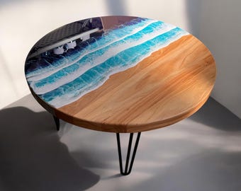 Resin Ocean Wave Coffee Table with Round Rustic Reclaim Wood