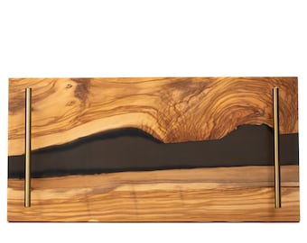 House Warming Gift , Personalized Newlywed Gift Set with Custom Olive Wood Black Resin Tray,  Resin River Serving Board with Handle