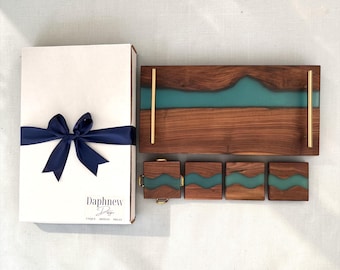 Personalized Wedding Gift, Epoxy River Walnut Charcuterie Board Tray Set with Coasters, Custom Couple Gift, Engagement or Bridal Shower Gift