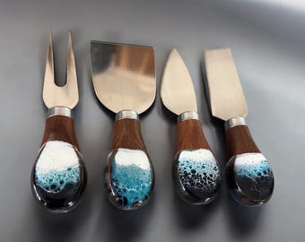 Ocean Resin Cheese Knives, Ocean Theme Cheese Knife Set,  Ocean Resin Wood Charcuterie Accessories,  Charcuterie Knives Walnut/Acacia/Bamboo