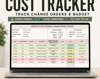 May include: A laptop displaying a construction cost tracker spreadsheet. The screen shows a detailed breakdown of project costs, change orders, and budget tracking. The text on the screen reads "Construction Cost Tracker" and "Track Change Orders & Budget."
