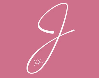 May include: A white cursive letter J with two small x's on the bottom curve of the letter. The letter is on a pink background.