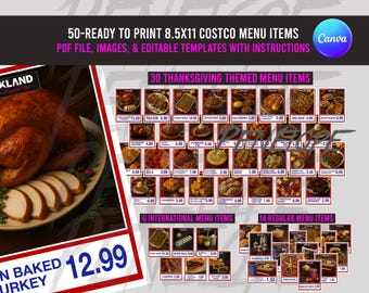May include: A digital menu template featuring a roasted turkey and various food items. The template includes 30 Thanksgiving-themed menu items, 6 international items, and 14 regular menu items. The text reads "50-READY TO PRINT 8.5x11 COSTCO MENU ITEMS".