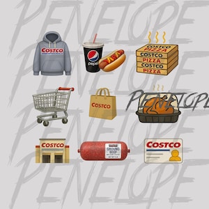 May include: An illustration featuring various Costco-branded items. Includes a grey hoodie, a Pepsi drink with a hot dog, a stack of pizza boxes, a shopping trolley, a shopping bag, a roasted chicken, a building, a roll of ground beef, and a membership card.