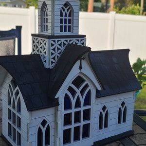 Handmade Chapel Birdhouse. Colorful and Hand Painted. Sealed for Limited Outdoor use.