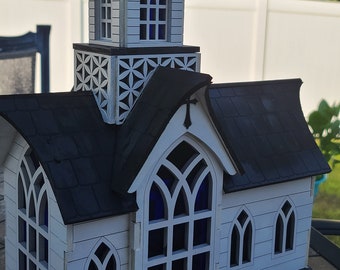 Handmade Chapel Birdhouse. Colorful and Hand Painted. Sealed for Limited Outdoor use.
