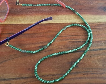 Green and Bronze Leaf Glasses Chain, Beaded Glasses Chain