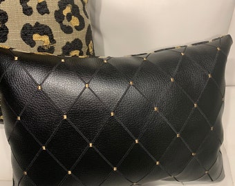 Leopard Print Pillow Set with Vegan Leather & Diamond Pattern backside