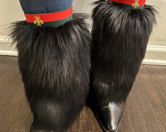 Black Faux Fur Leg Warmers: Bumble Bee Embellished Boot Covers