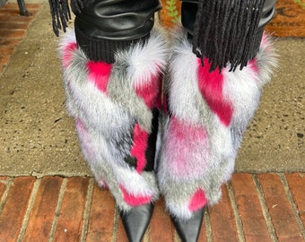 Faux Fur Boot Covers: Pink, Grey, Black, and White Fluffy Leg Warmers