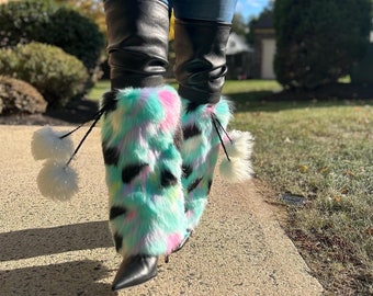 Faux Fur Boot Covers: Turquoise, White, Pink Leg Warmers With Pom
