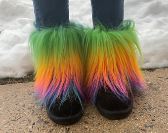 Rainbow Faux Fur Boot Covers / Leg Warmers /Faux Fur Leg Warmers / Long Hair Leg Warmers / Colorful Leg Warmers / Rainbow Leg Warmers