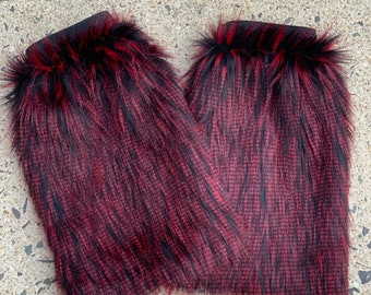 Red and Black Faux Fur Boot Covers: Long Hair Leg Warmers
