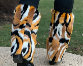 Faux Fur Boot Covers / Leg Warmers / Boot Socks/ Faux Fur Leg Warmers / Gold, Black and White Leg Warmers  / Designer Leg Warmers