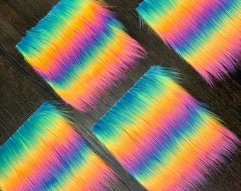 Rainbow Faux Fur Fabric Squares: Extra Long Hair, 12"x12" Craft Supply