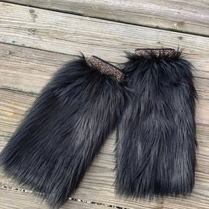 Faux Fur Boot Covers / Leg Warmers / Boot Socks/ Faux Fur Leg Warmers / Black Leg Warmers with Bling / Long Hair Faux Fur Leg Warmers