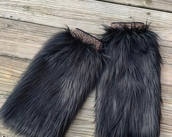 Black Faux Fur Leg Warmers: Black Boot Covers with Bling