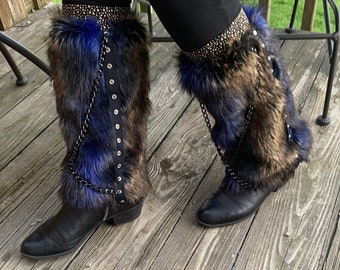 Faux Fur Boot Covers: Black Blue Tan Leg Warmers (12 x 7.5”)