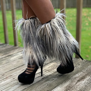 LEG WARMERS/Faux Fur Boot Covers / Black White and Grey Leg Warmers / Boot Socks / Faur fur Leg Warmers / Leg Warmers