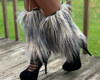 Faux Fur Leg Warmers: Black, White & Grey Boot Covers