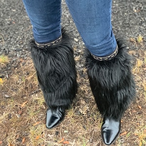 FAUX FUR BOOT Covers /Leg Warmers / Boot Socks/ Luxury Leg Warmers / Black Leg Warmers with Bling / Long Hair Faux Fur Leg Warmers - Yeti