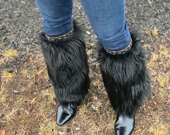 Black Faux Fur Boot Covers: black and gold Chain link Leg Warmers