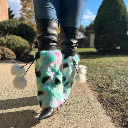 Faux Fur Boot Covers: Turquoise, White, Pink Leg Warmers with Pom Poms