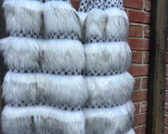 FAUX FUR BOOT Covers / Extra Tall Thigh High Black and White Textured Leg Warmers / Faux Fur Leg Warmers / Yeti Boots / Tall Boot Socks