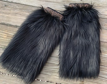 Black Faux Fur Leg Warmers: Rhinestone Embellished Boot Covers