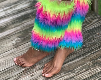 Rainbow Faux Fur Leg Warmers: Fluffy Boot Covers, Cold Weather Gifts