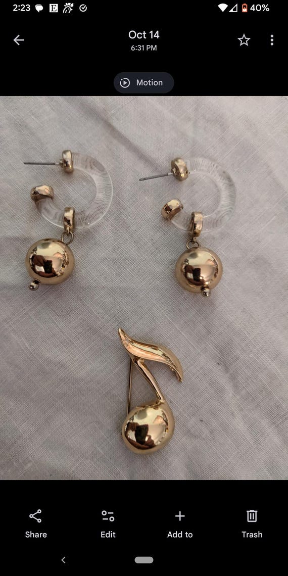 Lucite -- Goldtone Earrings and Monet Music Note … - image 1